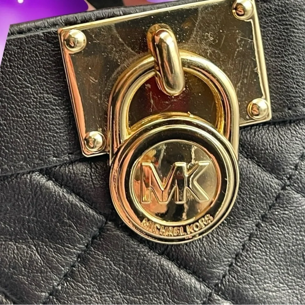 Michael Michael Kors Quilted Black Leather Gloves with Gold Detail